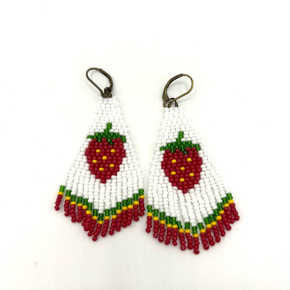 Hand Crafted Strawberry Beaded Fringe Earrings White and Red